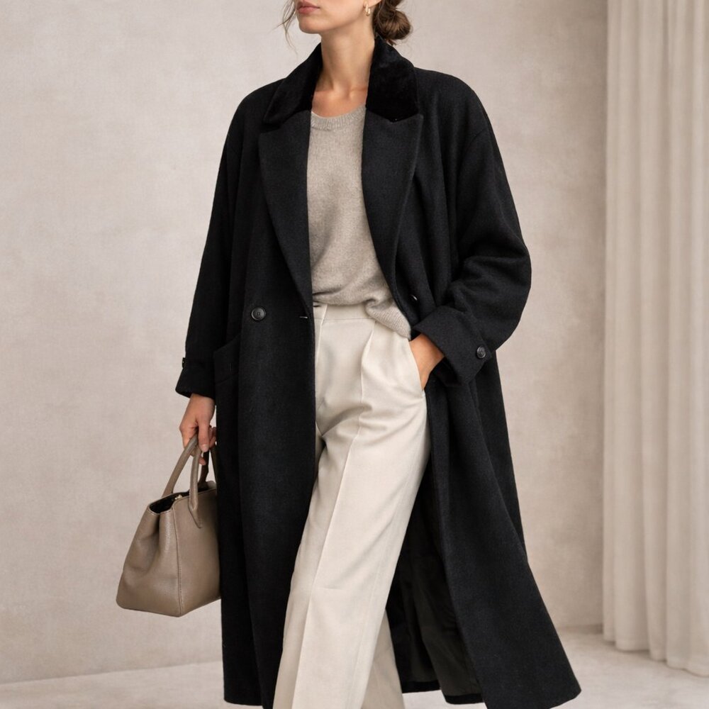 Vintage Jones New York Black Double-Breasted Wool Maxi Coat | M/L | Oversized
